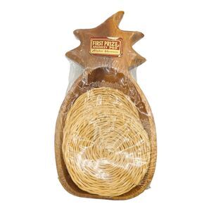 VTG Hawaii Handcarved Pineapple MonkeyPod Wood Dish Rattan Coaster Set TiKi NEW